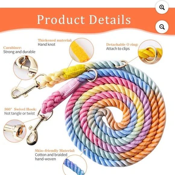 NEW Multicolor Rope Dog Leash with Gold Clips - Picture 9 of 9
